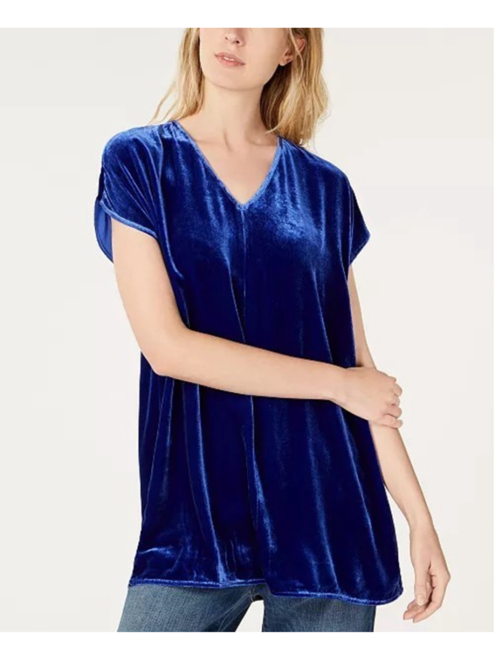 NWT Eileen Fisher Tunic Top Royal Blue Silk Blend Velvet Classic Quiet Luxury